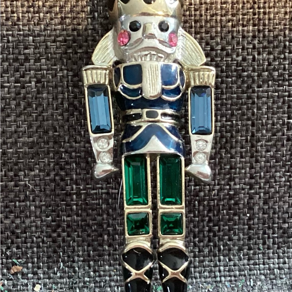 Nutcracker Brooch, Green Baguettes, Unsigned, 2” Tall